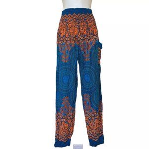 Thai Harem Loose Pants with Wide Smocked Waist Blue & Orange Mandala Sm-Med